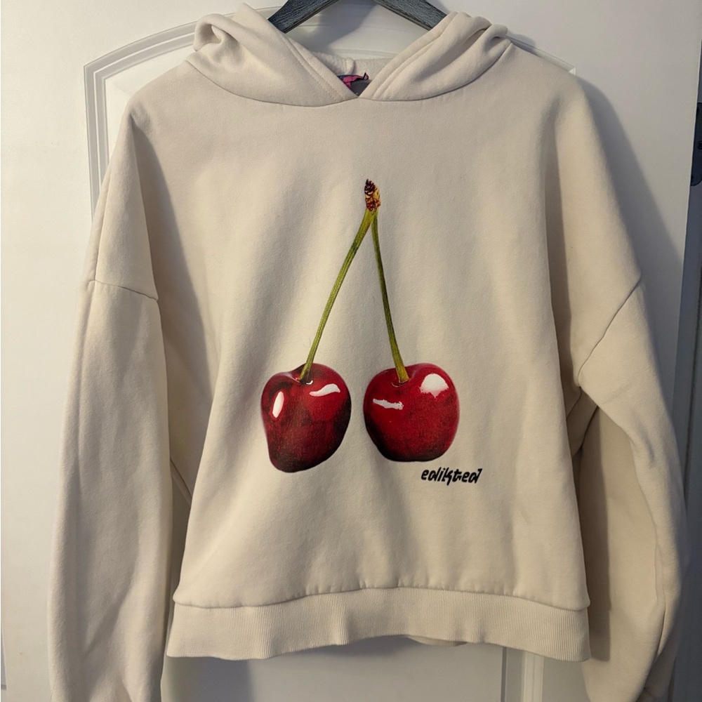 Edikted Cream Hoodie with Red Cherry Graphic